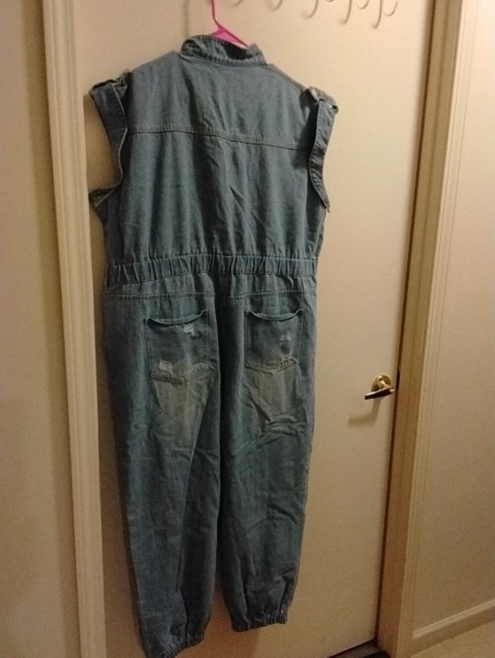 Distressed Blue Denim Women's Plus Jumpsuit - Casual Utility Style - Picture 4 of 5